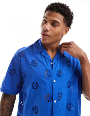 Asos Design Relaxed Revere Collar Eyelet Shirt In Blue