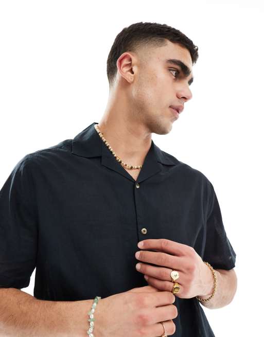 ASOS DESIGN relaxed revere collar linen look shirt in black, 2 of 4