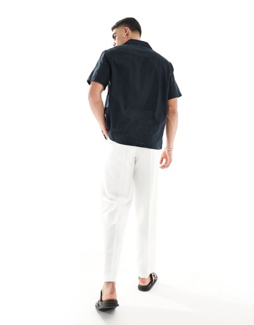 ASOS DESIGN relaxed revere collar linen look shirt in black, 3 of 4