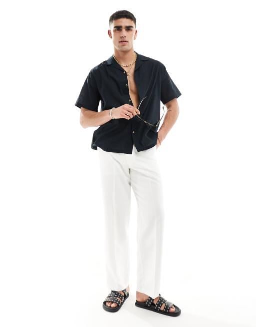 ASOS DESIGN relaxed revere collar linen look shirt in black, 4 of 4
