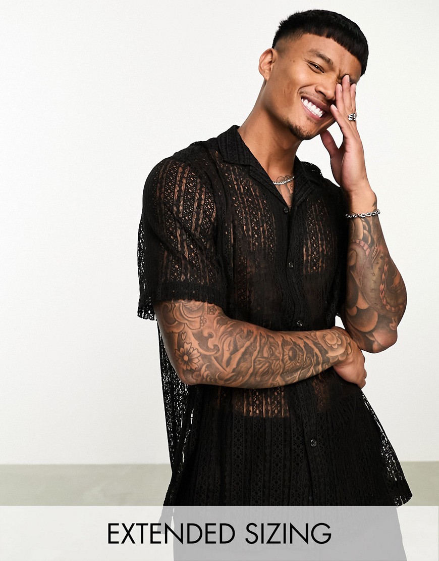 ASOS DESIGN relaxed revere collar shirt in black lace
