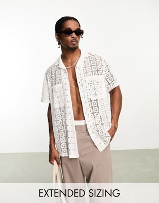 ASOS DESIGN relaxed revere collar shirt in white tiled lace