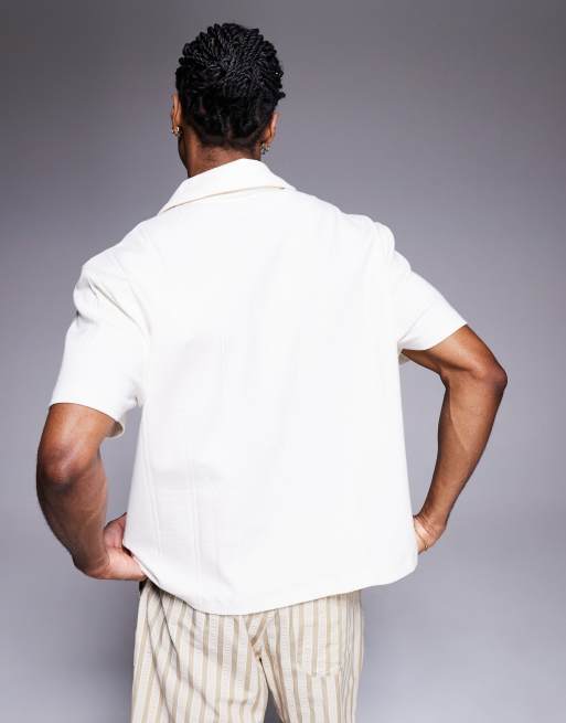 ASOS DESIGN relaxed revere collar textured rib boxy polo in cream