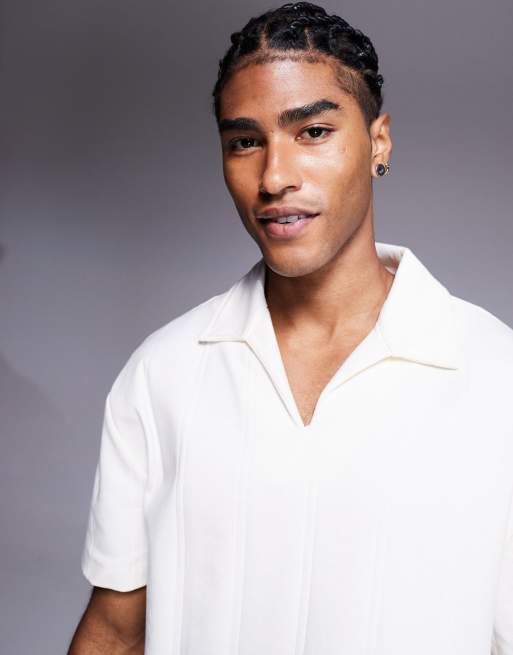 ASOS DESIGN relaxed revere collar textured rib boxy polo in cream