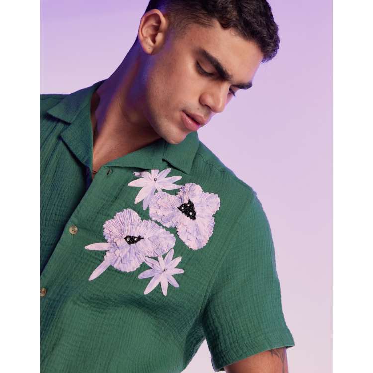 ASOS DESIGN relaxed revere crinkle shirt with floral hand