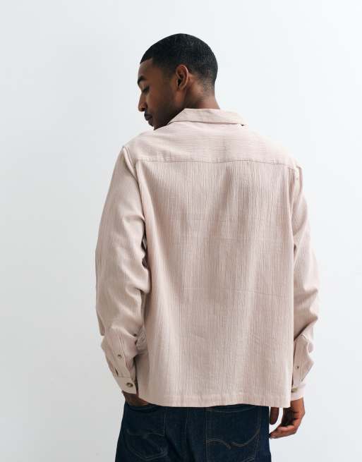 ASOS DESIGN relaxed revere crinkle texture shirt in beige, 3 of 5