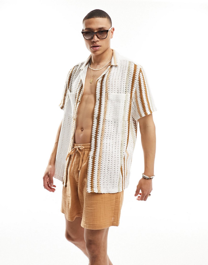 ASOS DESIGN relaxed revere crochet shirt in beige stripe-Neutral