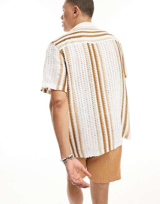 ASOS DESIGN relaxed revere crochet shirt in beige stripe