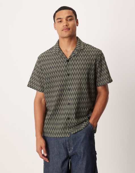 ASOS DESIGN relaxed revere crochet shirt in black and khaki - view 1