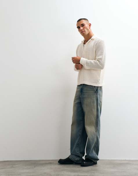 ASOS DESIGN relaxed revere crochet shirt in ecru - view 1