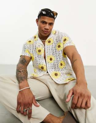 ASOS DESIGN relaxed revere crochet shirt with sunflower embroidery