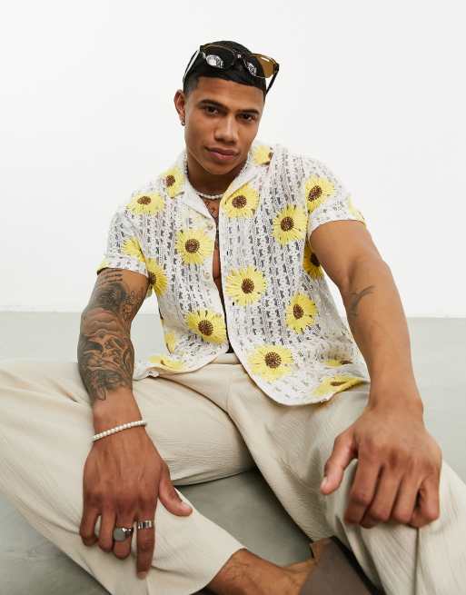 ASOS DESIGN relaxed revere crochet shirt with sunflower embroidery