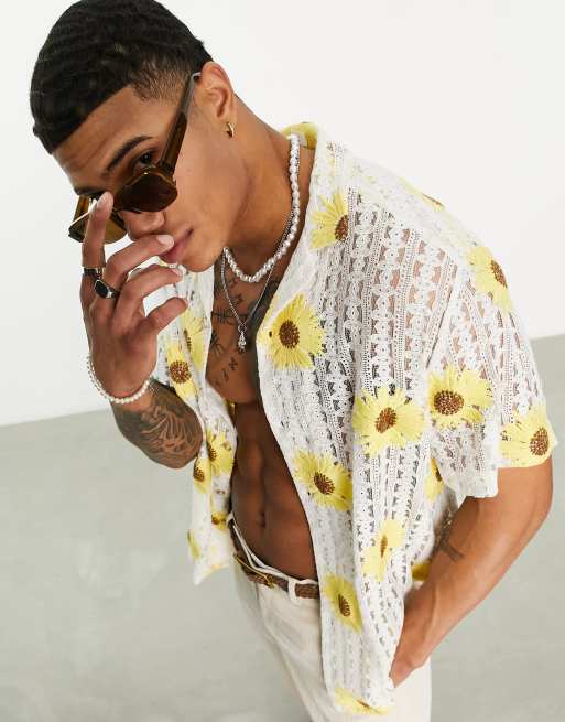 ASOS DESIGN relaxed revere crochet shirt with sunflower embroidery