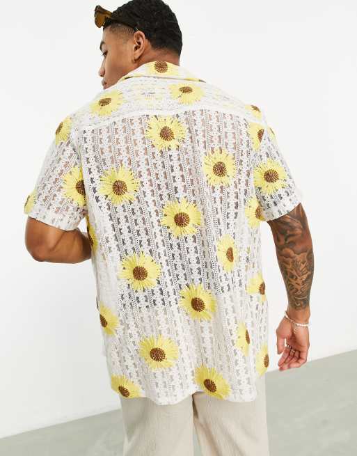 ASOS DESIGN relaxed revere crochet shirt with sunflower embroidery