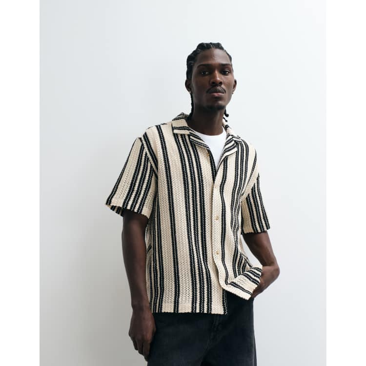 ASOS DESIGN relaxed revere crochet striped shirt in black and