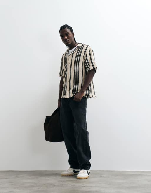 ASOS DESIGN relaxed revere crochet striped shirt in black and natural, 3 of 5