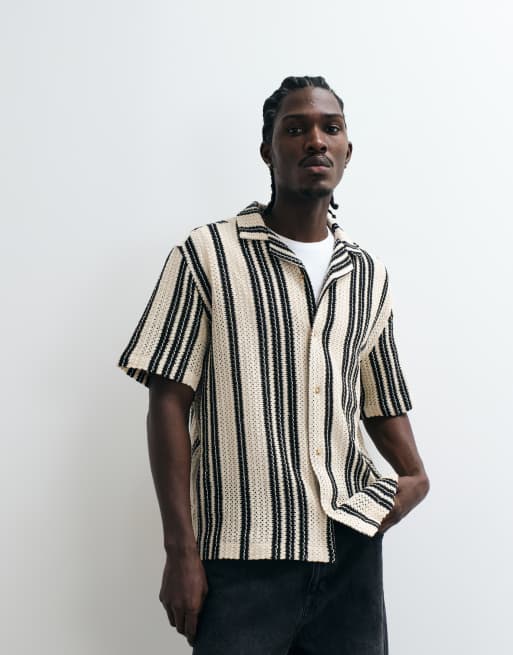 ASOS DESIGN relaxed revere crochet striped shirt in black and natural, 5 of 5