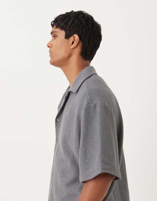 ASOS DESIGN relaxed revere crochet t-shirt in dark grey