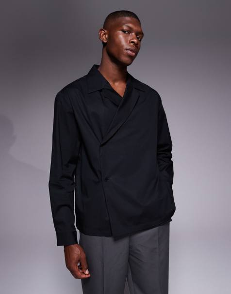 ASOS DESIGN relaxed revere cross over shirt in black