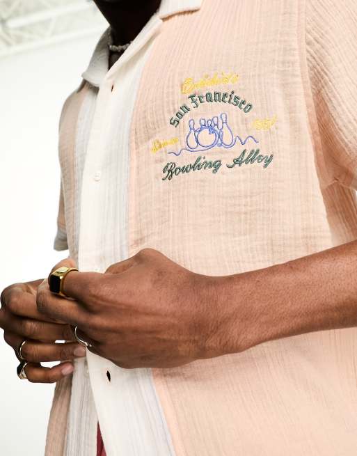 ASOS DESIGN relaxed revere cut and sew textured bowling shirt with chest embroidery, 2 of 4