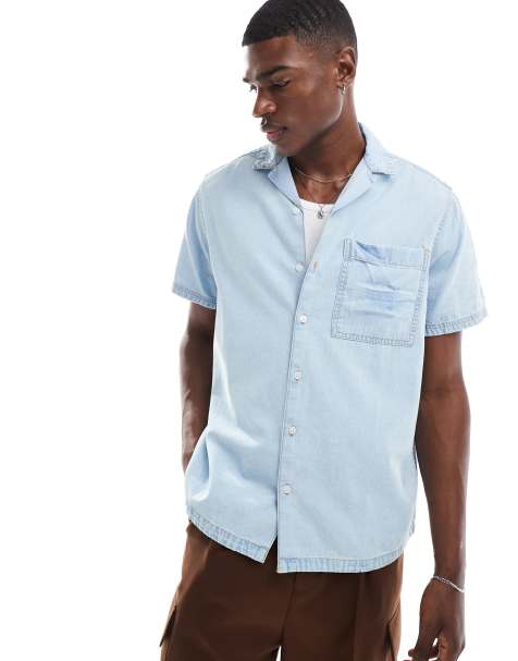 ASOS DESIGN relaxed revere denim shirt in light blue wash - view 1