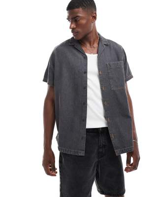 Asos Design Relaxed Revere Denim Shirt In Washed Black