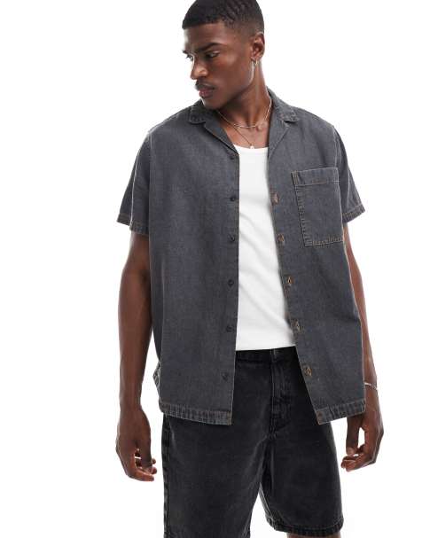 ASOS DESIGN relaxed revere denim shirt in washed black - view 1