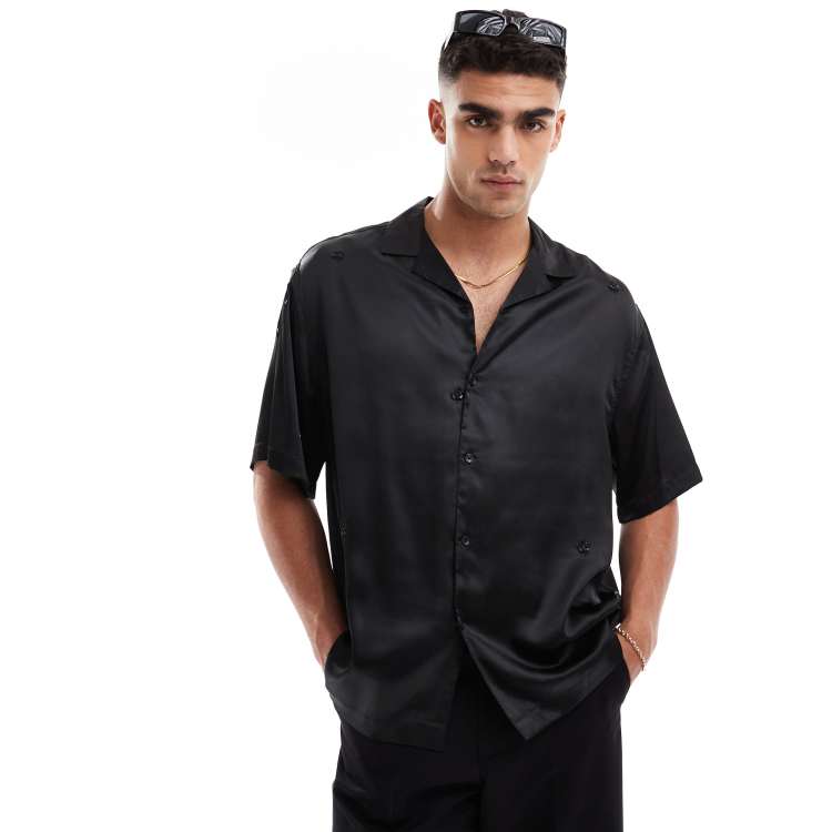 ASOS DESIGN relaxed revere embellished satin shirt with bead 