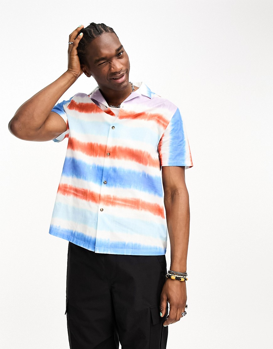 ASOS DESIGN relaxed revere linen look shirt in horizontal tie dye stripe-Multi