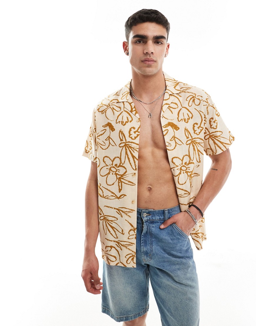 ASOS DESIGN relaxed revere linen look shirt in neutral floral print