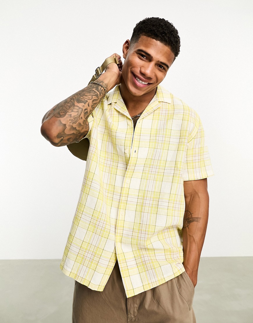 ASOS DESIGN relaxed revere linen mix check shirt in yellow