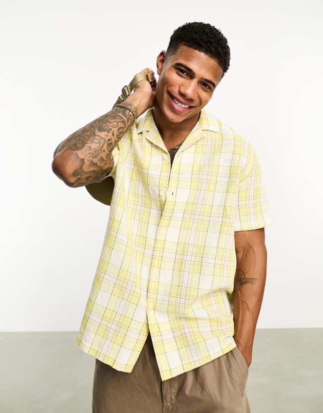 ASOS DESIGN - relaxed revere linen mix check shirt in yellow