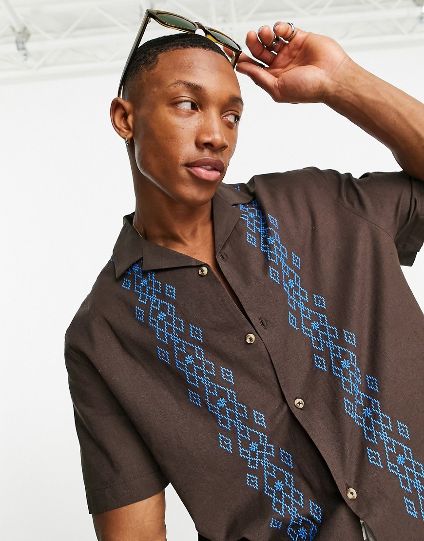 ASOS DESIGN relaxed revere linen mix shirt in brown with embroidered border
