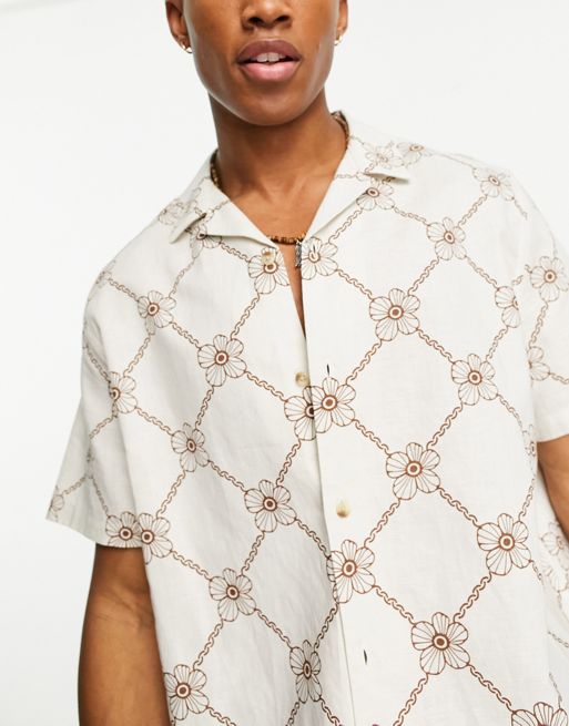 ASOS Design Relaxed Revere Linen Mix Shirt in Tapestry Print-White