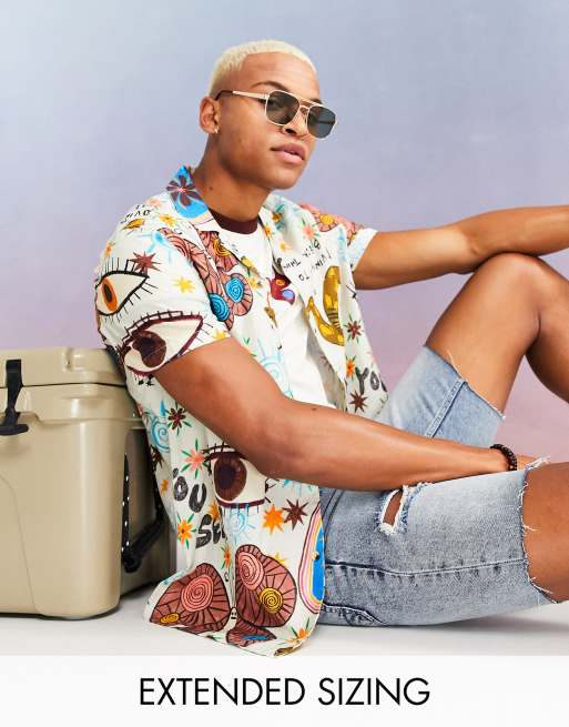ASOS DESIGN relaxed revere linen mix shirt in scribble conversational print