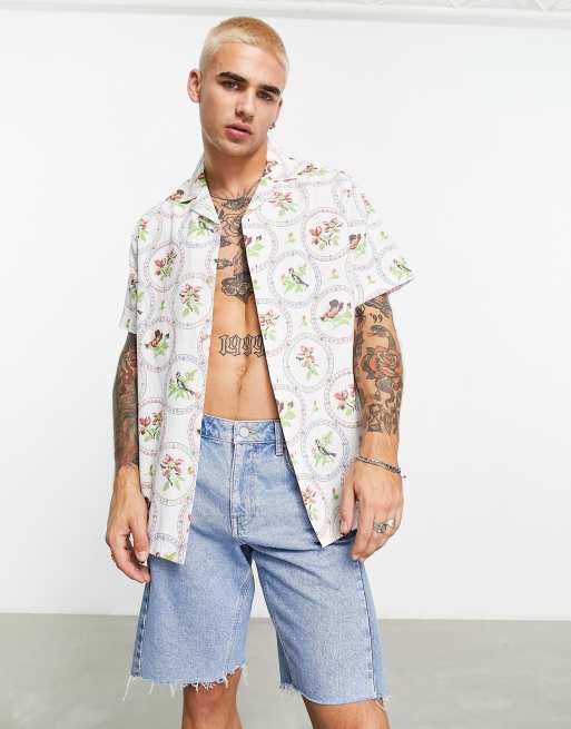 ASOS Design Relaxed Revere Linen Mix Shirt in Tapestry Print-White