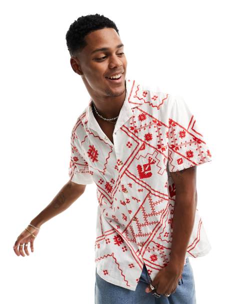 ASOS DESIGN relaxed revere linen mix shirt in white with red embroidery - view 1