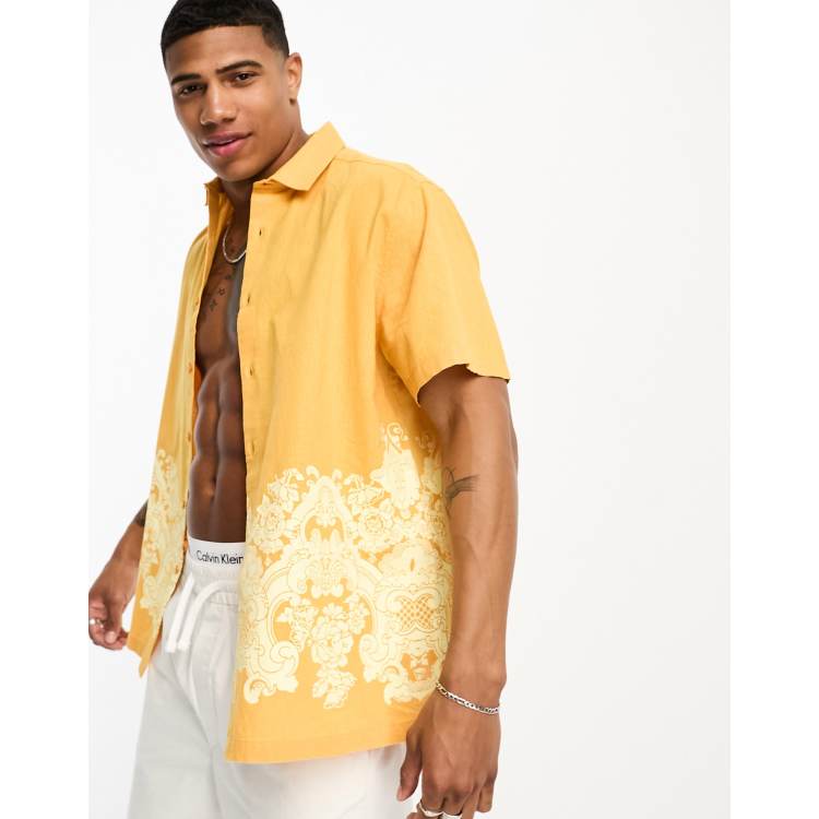 ASOS DESIGN relaxed revere linen mix shirt in yellow with printed