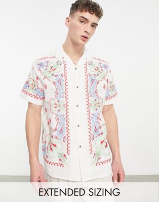 ASOS DESIGN relaxed revere linen mix shirt with embroidered border - ASOS Price Checker
