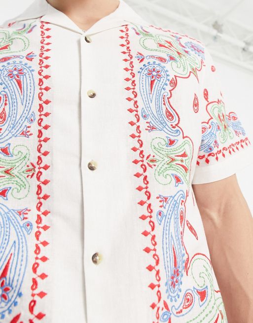 ASOS Design Relaxed Revere Linen Mix Shirt in Tapestry Print-White