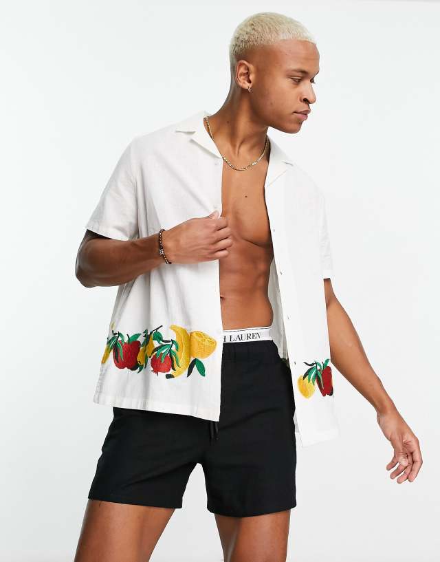 ASOS DESIGN relaxed revere linen mix shirt with fruit embroidered border