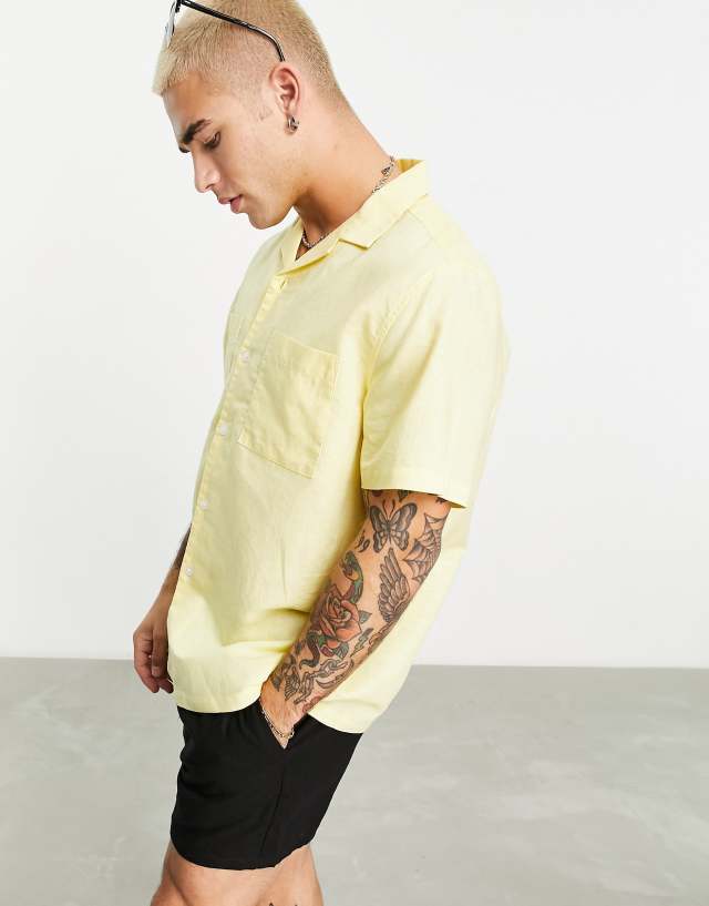 ASOS DESIGN relaxed revere linen mix shirt with pockets in yellow