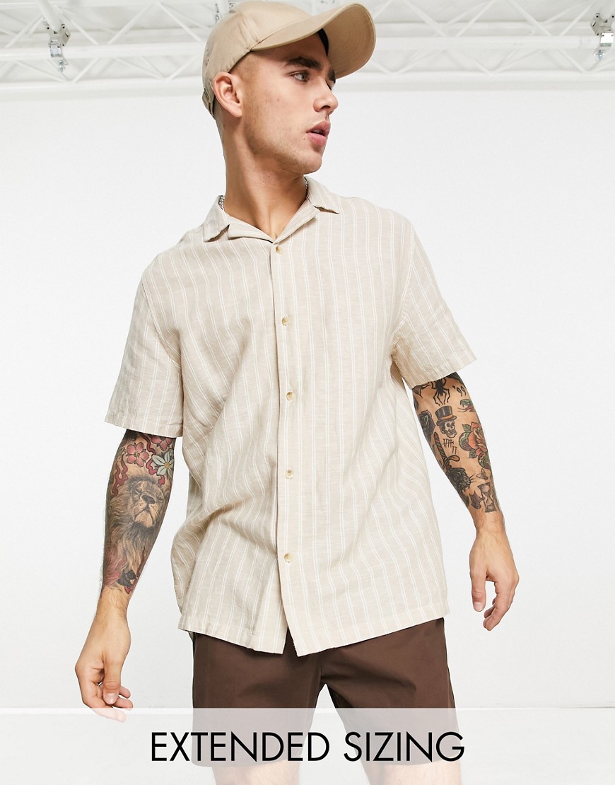 ASOS DESIGN relaxed revere linen mix stripe shirt in beige-Neutral