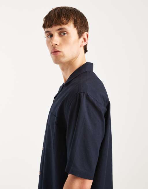 ASOS DESIGN relaxed revere linen shirt in navy, 4 of 5
