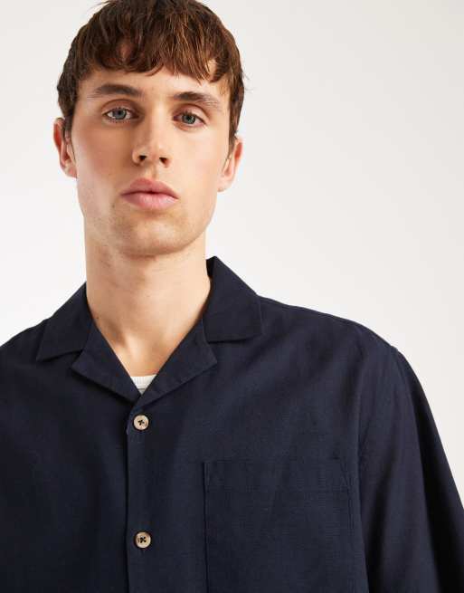ASOS DESIGN relaxed revere linen shirt in navy, 5 of 5