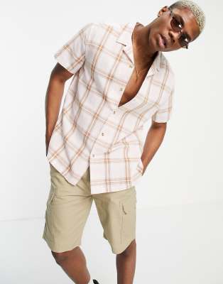 ASOS DESIGN relaxed revere linen shirt in pink & brown check