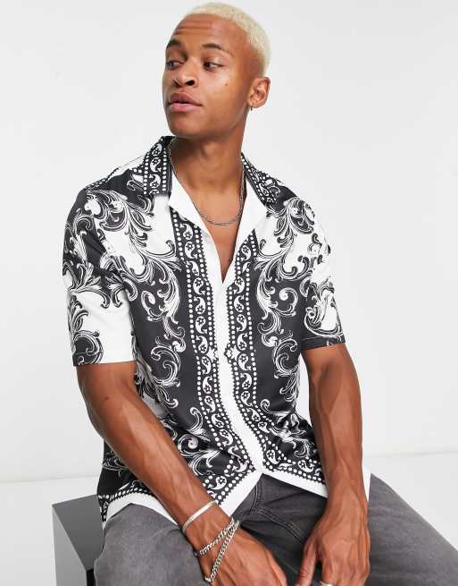 ASOS DESIGN relaxed revere long satin shirt with border print