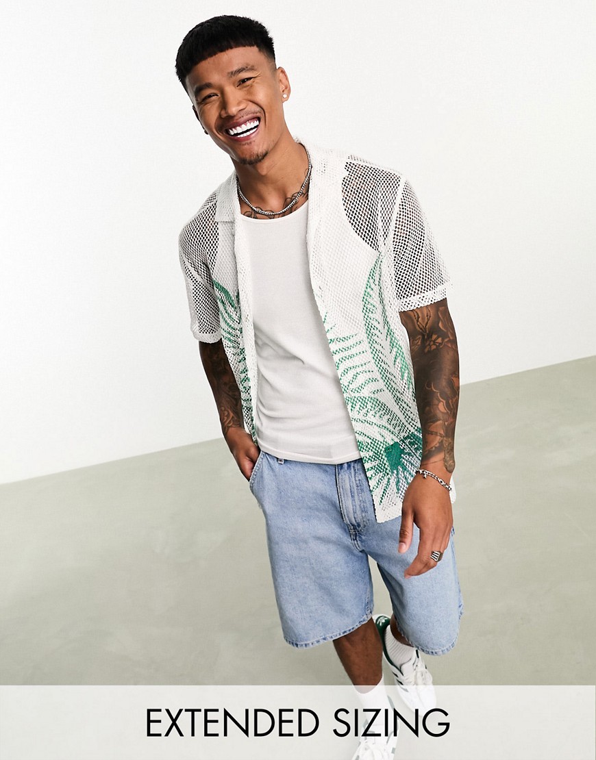 ASOS DESIGN relaxed revere mesh shirt with palm placement print-White