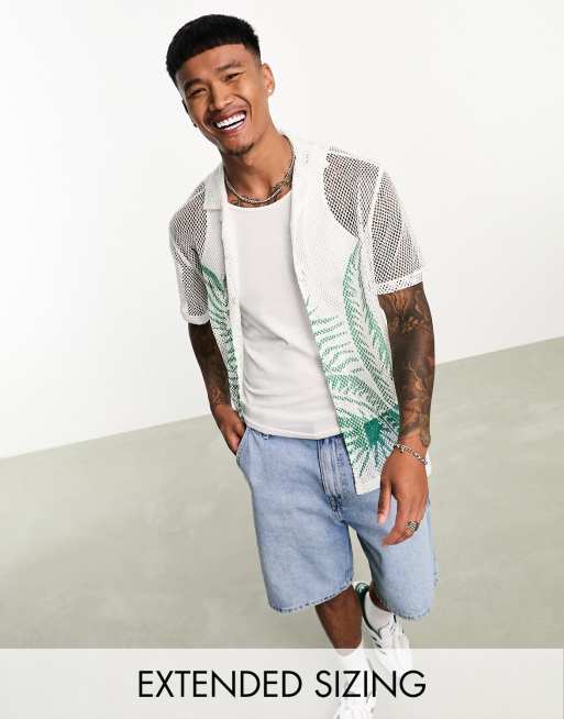 ASOS DESIGN relaxed revere mesh shirt with palm placement print