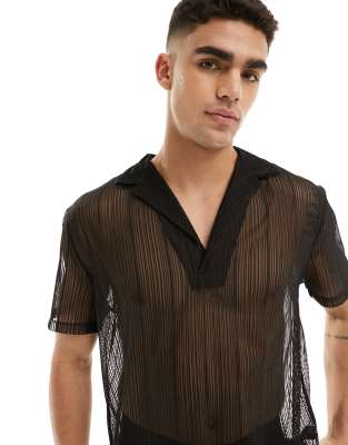  ASOS DESIGN relaxed revere neck polo in black laddered mesh